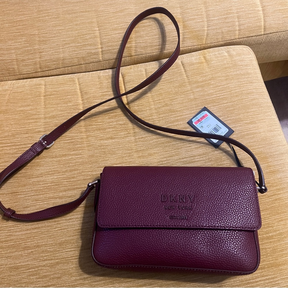 DKNY Noho Pebbled Leather Flap Crossbody Bag – Burgundy (NWT)